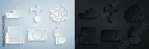 Set Stacks paper money cash, Crumpled ball, Fax machine, Life insurance with shield, Plane and Ship icon. Vector