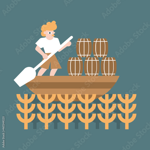 Vector illustration of a man transports cargo on a boat.
