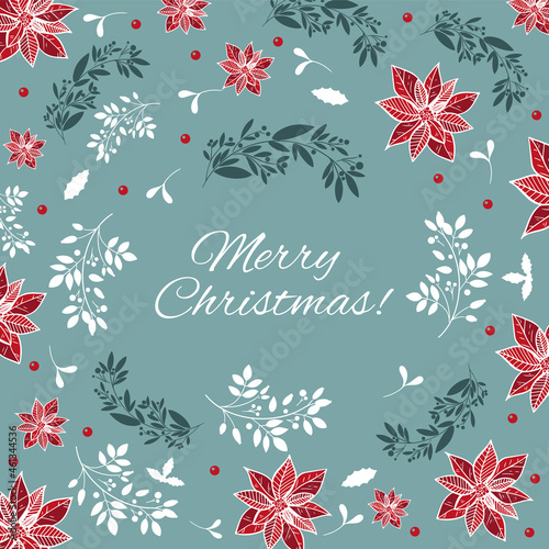 Happy Holidays or Merry Christmas Template with Hand Drawn decorative elements, twigs, and Poinsettia flowers.
