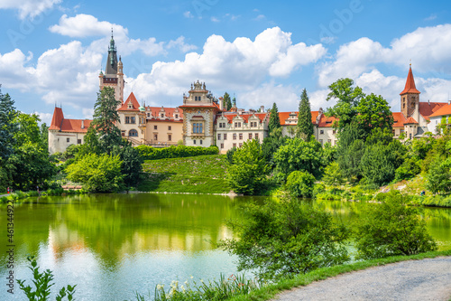 Fototapeta Naklejka Na Ścianę i Meble -  Pruhonice castle and natural park landscape with garden lake on sunny summer day, Pruhenice, Czech Republic. UNESCO World Heritage Site