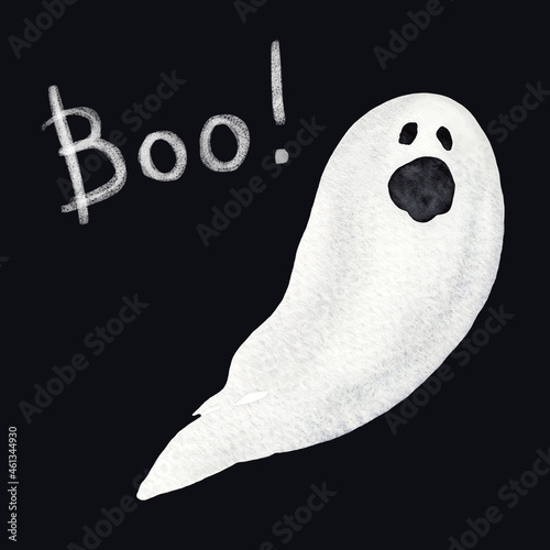 Hand-drawn watercolor ghost isolated on black background. The spirit of Halloween for themed holiday photo