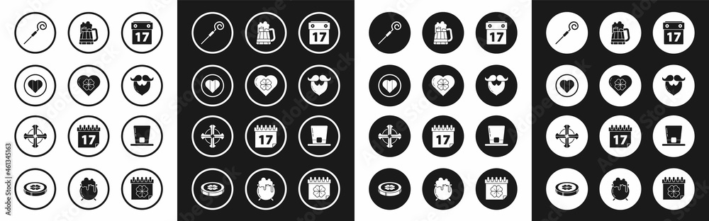 Set Saint Patrick's day with calendar, Heart four leaf clover, and Happy, Walking stick, Mustache beard, Wooden beer mug, Leprechaun hat and Celtic cross icon. Vector Set Saint Patrick's day with calendar, Heart four leaf clover, and Happy, Walking stick, Mustache beard, Wooden beer mug, Leprechaun hat and Celtic cross icon. Vector