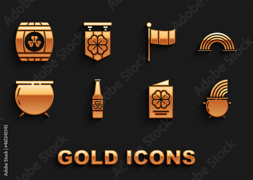 Set Beer bottle with four leaf clover, Rainbow, Witch cauldron and rainbow, Saint Patricks Day flyer, brochure, postcard, National Ireland flag, Wooden barrel and Street signboard icon. Vector