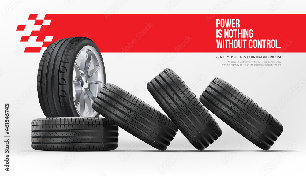 Car Tire Set. Stack of Car Tires Lie on Their Sides on Top of Each