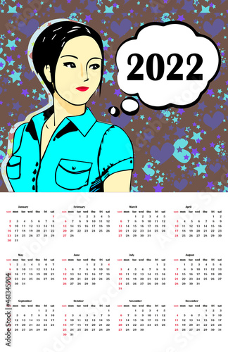 Calendar 2022 year in English with beauty South Asian female 20s with black short haircut. The girl's head is turned to the right. Week starts on Sunday