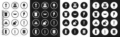Set Chicken egg on a stand, Bowl, Measuring cup, Pizza knife, Meat chopper, Scales, Knife and Citrus fruit juicer icon. Vector