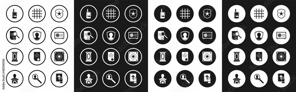 Set Police badge, User protection, Document with search, Walkie talkie, Safe, Prison window, and Stage stand or debate podium rostrum icon. Vector Set Police badge, User protection, Document with search, Walkie talkie, Safe, Prison window, and Stage stand or debate podium rostrum icon. Vector