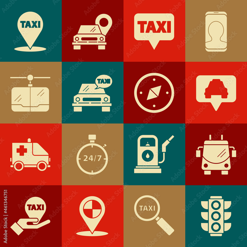 Set Traffic light, Trolleybus, Map pointer with taxi, Taxi car, Cable, and Compass icon. Vector Set Traffic light, Trolleybus, Map pointer with taxi, Taxi car, Cable, and Compass icon. Vector