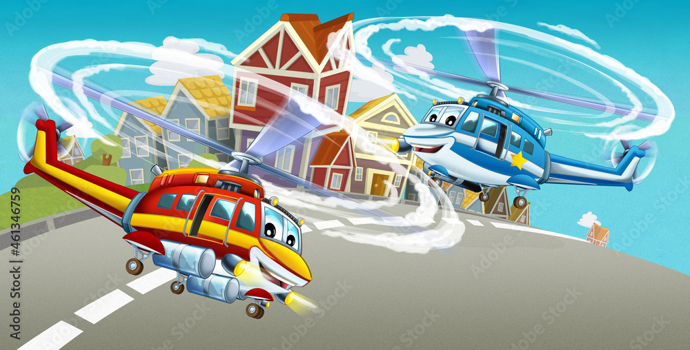 cartoon happy scene with helicopter flying in city cartoon happy scene with helicopter flying in city