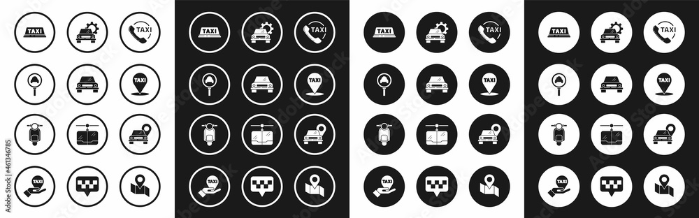 Set Taxi call telephone service, Car, Magnifying glass and taxi car, roof, Map pointer with, and Scooter icon. Vector Set Taxi call telephone service, Car, Magnifying glass and taxi car, roof, Map pointer with, and Scooter icon. Vector