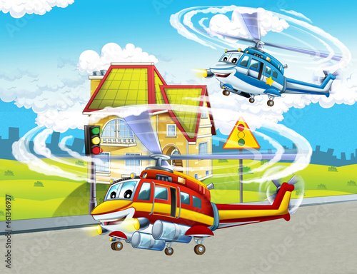 cartoon happy scene with helicopter flying in city