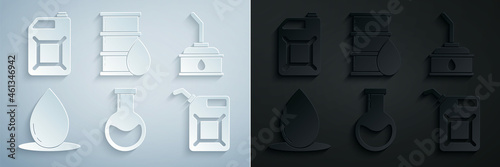 Set Test tube and flask, Canister for motor machine oil, Oil drop, gasoline, Barrel and icon. Vector