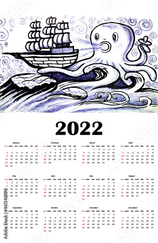 Calendar 2022 year in English for children with giant octopus child blowing on the sailing ship in the ocean. Hand drawn ink illustration. Week starts on Sunday