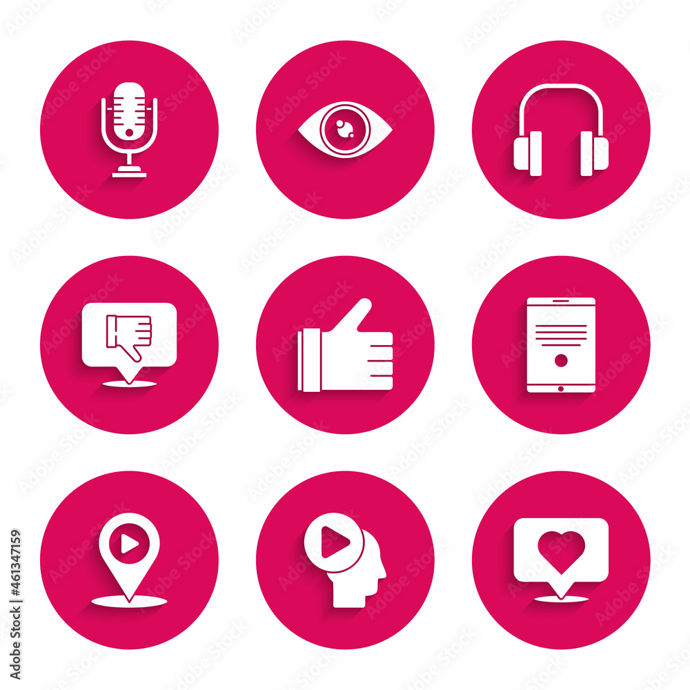Set Hand like, Head people with play button, Like heart, Tablet, Digital media location, Dislike in speech bubble, Headphones and Microphone icon. Vector Set Hand like, Head people with play button, Like heart, Tablet, Digital media location, Dislike in speech bubble, Headphones and Microphone icon. Vector