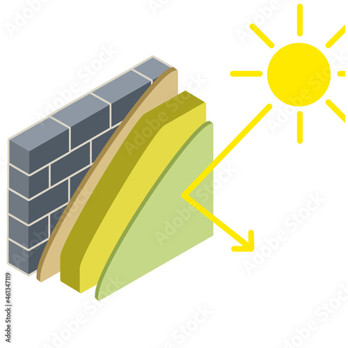 Grey brick wall in isometry with layers of plaster and insulation. Construction of buildings.