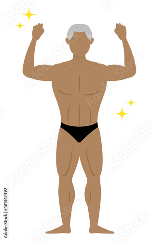 力こぶを作ってポージングするボディビルダーのシニア男性