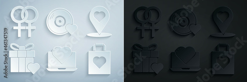 Set Laptop with heart, Map pointer, Gift box and, Shopping bag, Romantic music and Female gender symbol icon. Vector