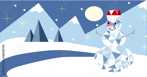 Winter flat landscape with snowman.