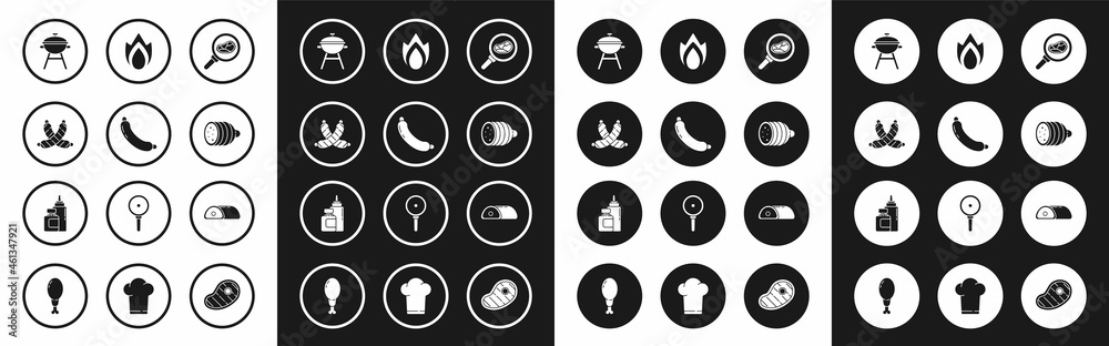 Set Steak meat in frying pan, Sausage, Crossed sausage, Barbecue grill, Salami, Fire flame, Meat and Sauce bottle icon. Vector