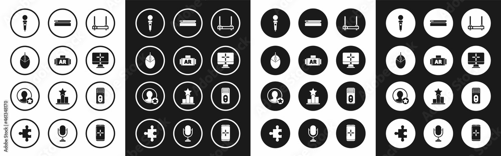 Set Router and wi-fi signal, Ar, augmented reality, Computer mouse gaming, Joystick for arcade machine, monitor, Video game console, and Premium create account screen icon. Vector Set Router and wi-fi signal, Ar, augmented reality, Computer mouse gaming, Joystick for arcade machine, monitor, Video game console, and Premium create account screen icon. Vector