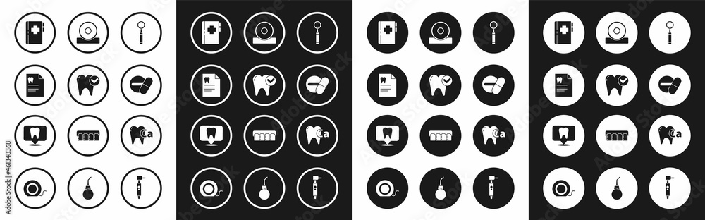 Set Dental inspection mirror, Tooth whitening concept, Clipboard with dental card, Medicine pill tablet, Otolaryngological head reflector, Calcium for tooth and clinic location icon. Vector