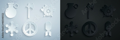 Set Peace, Medieval shield with crossed axes, Police badge, Aviation bomb, and Hand grenade icon. Vector