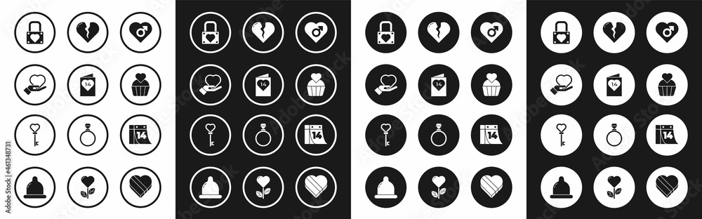 Set Heart with male gender, Valentines day flyer heart, on hand, Lock, Wedding cake, Broken or divorce, Calendar February 14 and Key shape icon. Vector