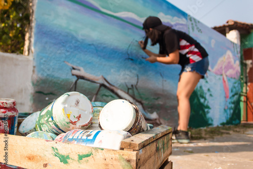 Girl painting a street wall.