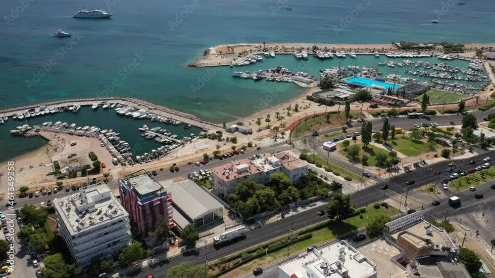 Aerial drone video of famous Glyfada seaside area with beautiful crystal clear sandy beaches, Athens riviera, Attica, Greece Aerial drone video of famous Glyfada seaside area with beautiful crystal clear sandy beaches, Athens riviera, Attica, Greece