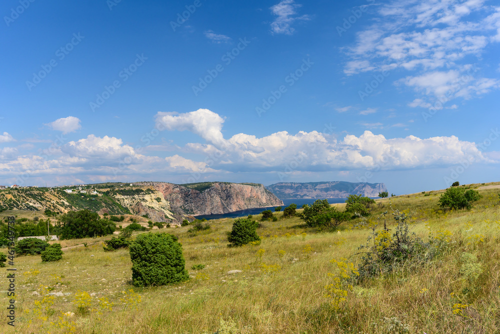 Mountain landscape in the Crimea with the sea in the background.