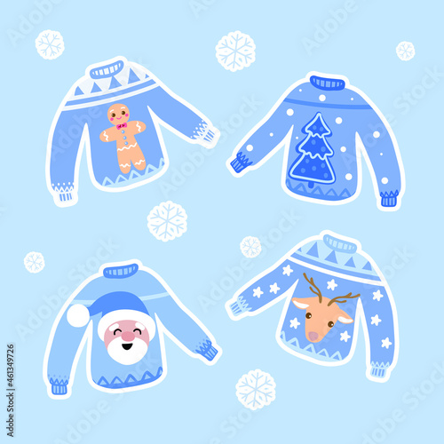 
ugly winter sweater stickers at the blue background
