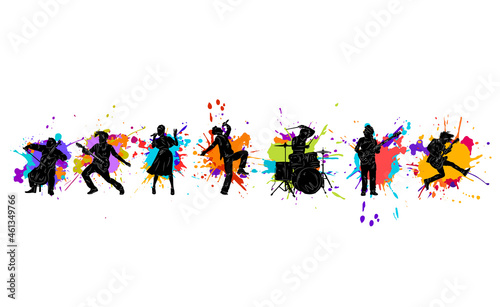 Silhouettes of musicians on the background of blots. Group of people with musical instruments vector illustration. Music background