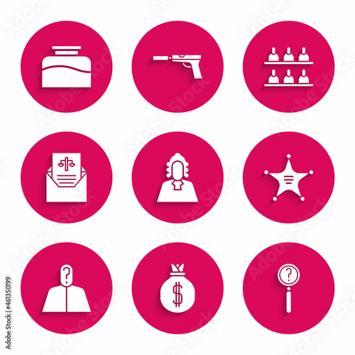 Set Judge, Money bag, Magnifying glass with search, Hexagram sheriff, Anonymous question mark, Subpoena, Jurors and Inkwell icon. Vector
