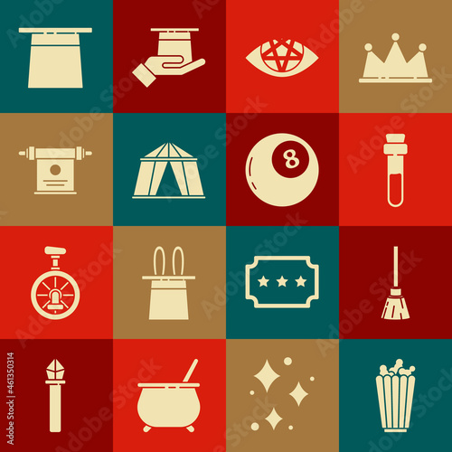Set Popcorn in box, Witches broom, Bottle with love potion, Pentagram, Circus tent, Magic scroll, Magician hat and ball of predictions icon. Vector