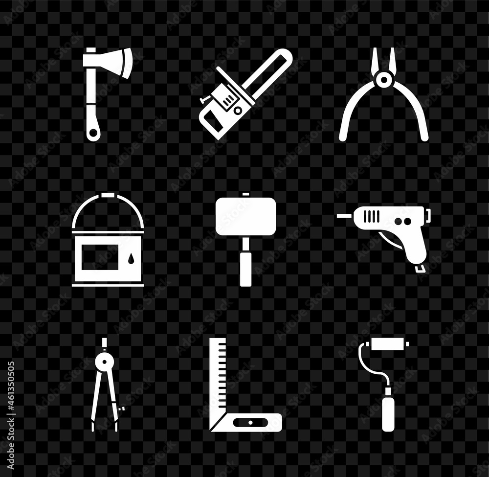 Set Wooden axe, Chainsaw, Pliers tool, Drawing compass, Corner ruler, Paint roller brush, bucket and Sledgehammer icon. Vector