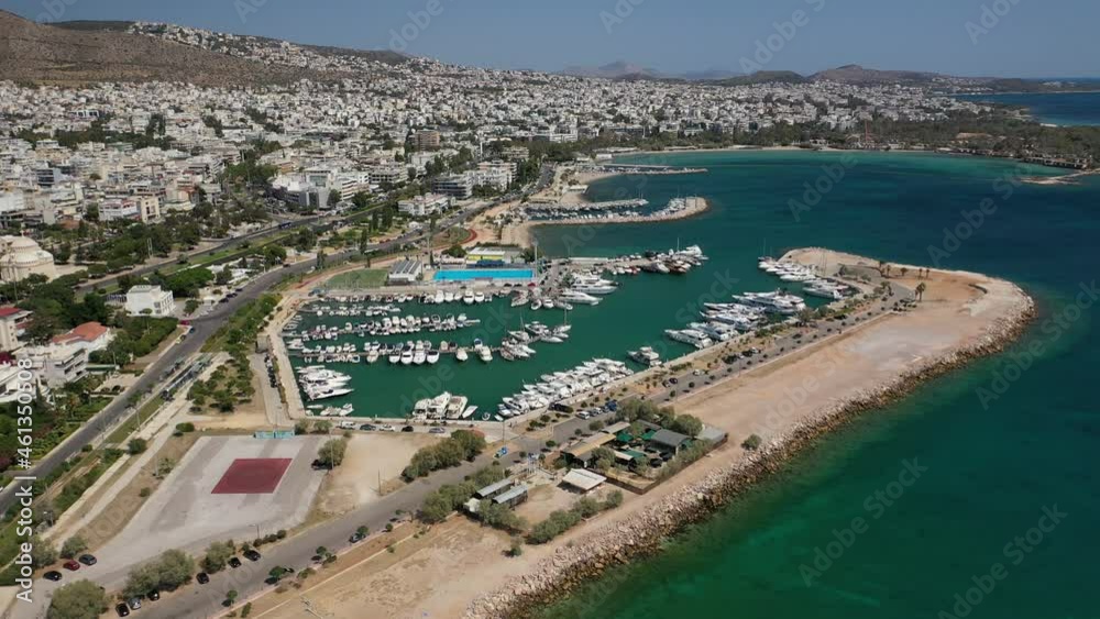 Aerial drone video of famous Glyfada seaside area with beautiful crystal clear sandy beaches, Athens riviera, Attica, Greece Aerial drone video of famous Glyfada seaside area with beautiful crystal clear sandy beaches, Athens riviera, Attica, Greece