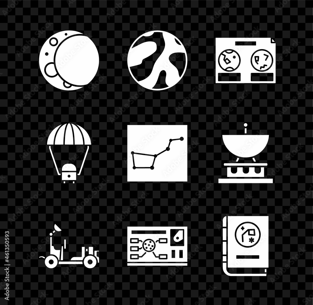 Obraz premium Set Moon, Planet, Celestial map of the night sky, Mars rover, Futuristic hud interface, Book by astronomy, Space capsule and parachute and Great Bear constellation icon. Vector