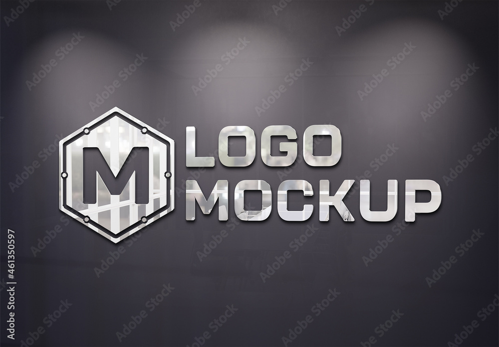 Logo Mockup on Office Wall with 3D Glossy Metal Effect Stock Template ...
