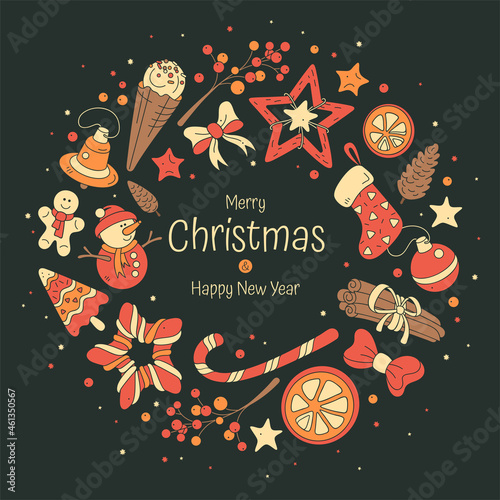 Frame with Christmas symbols isolated on black background. Colorful illustrations for holidays. 