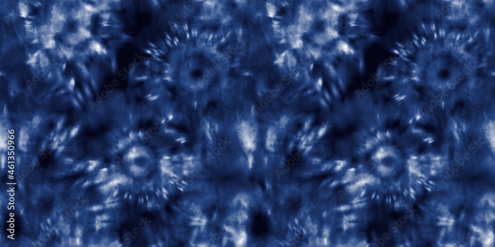Seamless indigo tie dye 1970s funky hippie repeat pattern swatch motif for surface design and print. High quality illustration. Vibrant navy blue apparel material print. Psychedelic textile design. Seamless indigo tie dye 1970s funky hippie repeat pattern swatch motif for surface design and print. High quality illustration. Vibrant navy blue apparel material print. Psychedelic textile design.