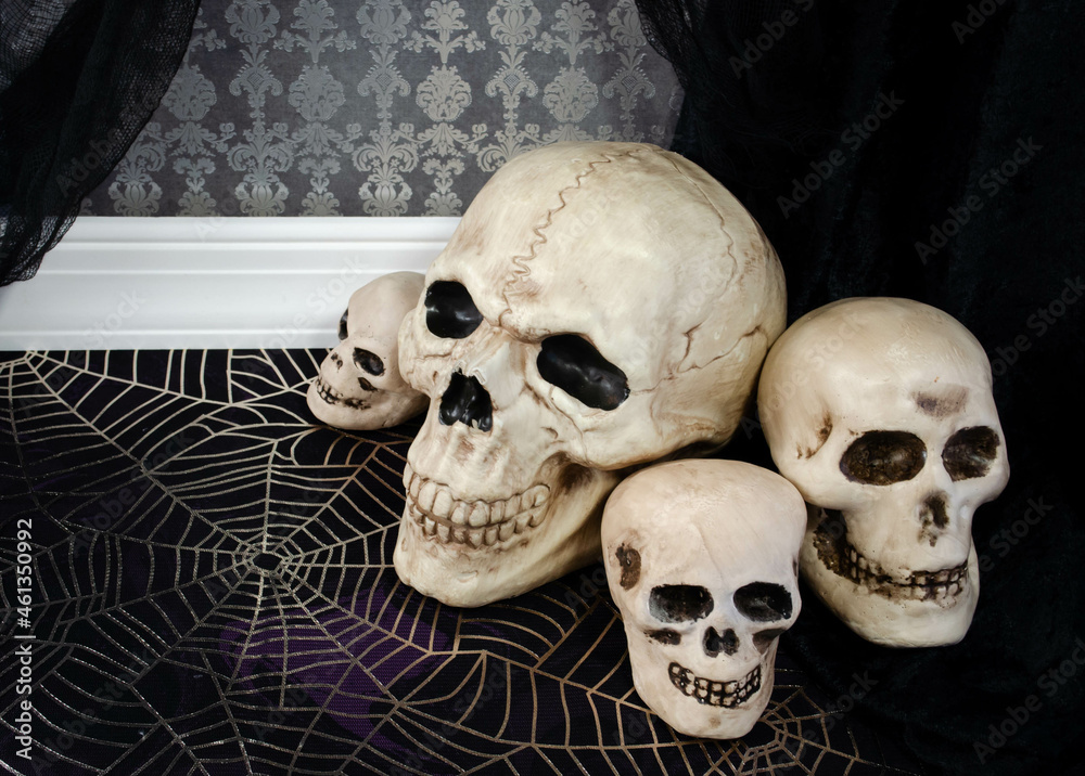 A group of skull decorations in a spooky setting
A group of skull decorations in a spooky setting