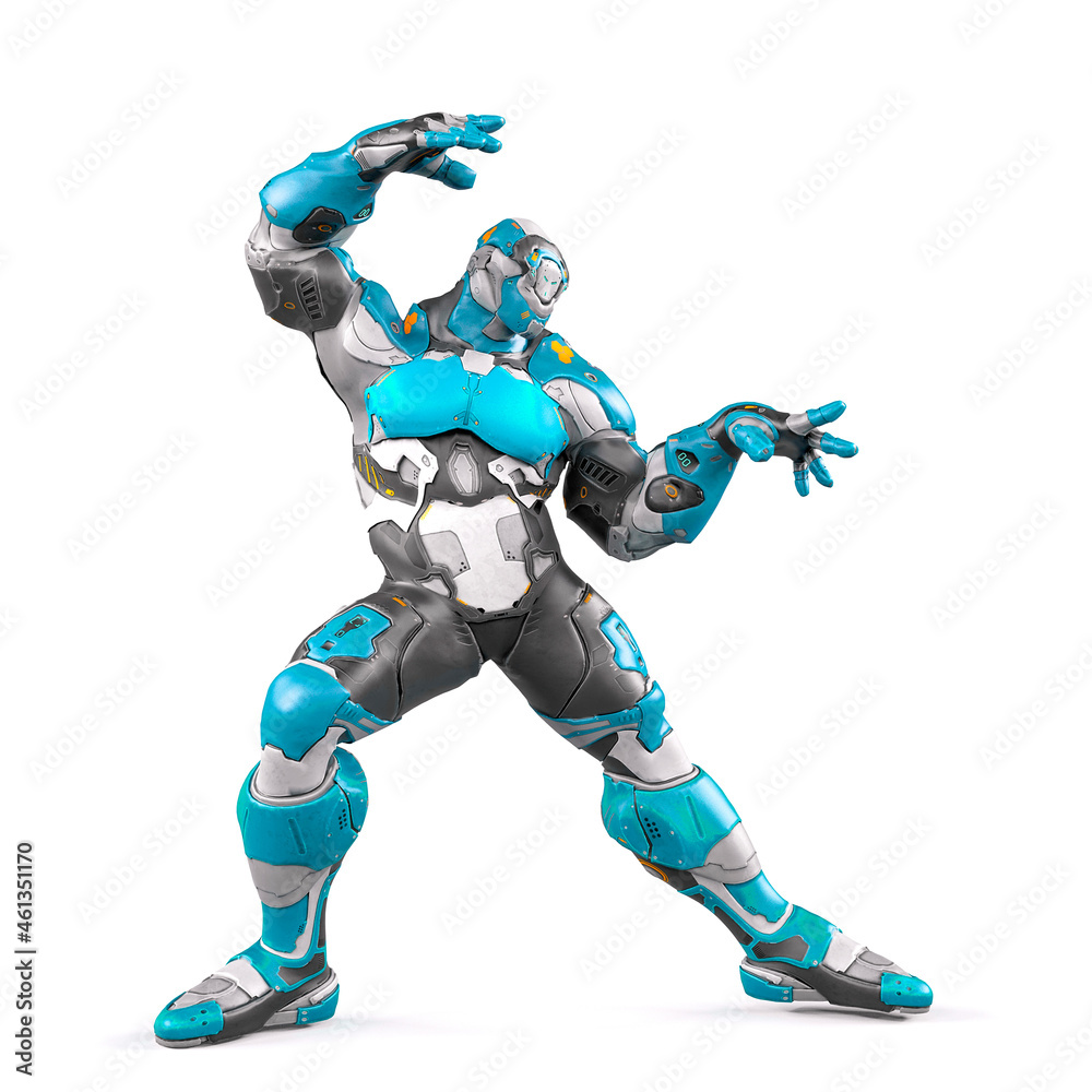 future soldier is doing some magic moves on white background side view future soldier is doing some magic moves on white background side view