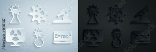 Set Test tube and flask, Telescope, Radioactive in location, Equation solution, Virus and icon. Vector