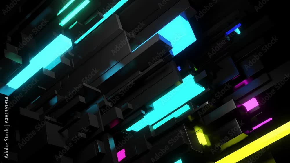 abstract looped 4k dark background neon cubes light bulbs. Visualisation of working ai big data or blockchain technology. Different sizes cubes network flashing multicolor neon light, like night city. abstract looped 4k dark background neon cubes light bulbs. Visualisation of working ai big data or blockchain technology. Different sizes cubes network flashing multicolor neon light, like night city.
