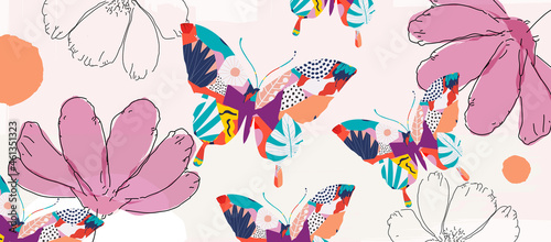 Colorful butterflies and moths with flowers and exotic leaves vector illustration background. Nature inspired, flying insects poster