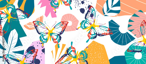 Colorful butterflies and moths with flowers and exotic leaves vector illustration background. Nature inspired, flying insects poster