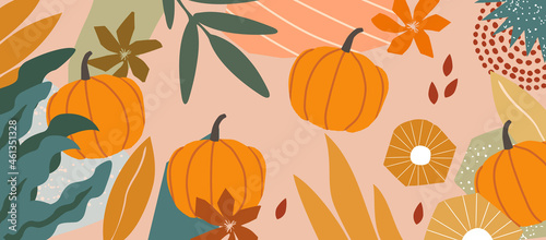 Autumn inspired poster with pumpkins and leaves vector illustration. Fall season background
