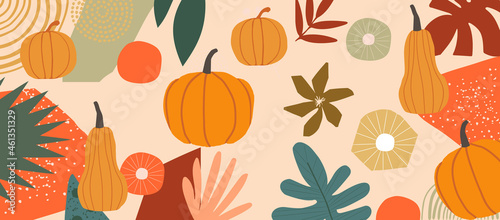 Autumn inspired poster with pumpkins and leaves vector illustration. Fall season background