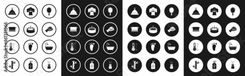 Set Sauna broom, Swimming pool with ladder, Towel on hanger, hat, Lotus flower, Massage aroma oils, Bathtub and thermometer icon. Vector