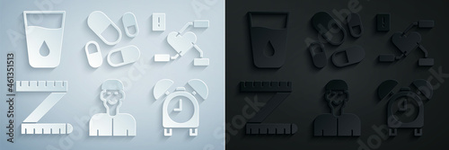 Set Positive thinking, Attention to health heart, Tape measure, Alarm clock, Vitamin pill and Glass with water icon. Vector